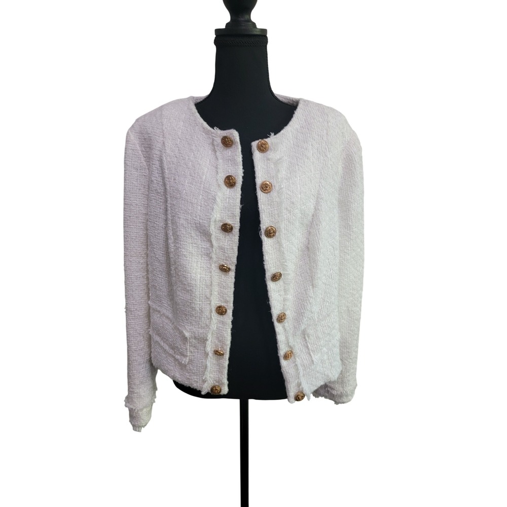 Shein Curve White Tweed Boucle Jacket Gold Lion‎ Buttons Plus Size 0XL Blazer